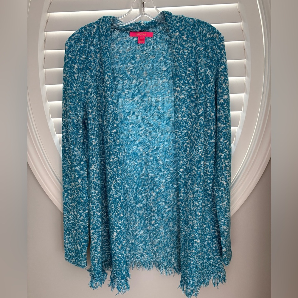 Lilly Pulitzer Turquoise Shore MAVERY CARDIGAN Marled Raglan Fringe medium